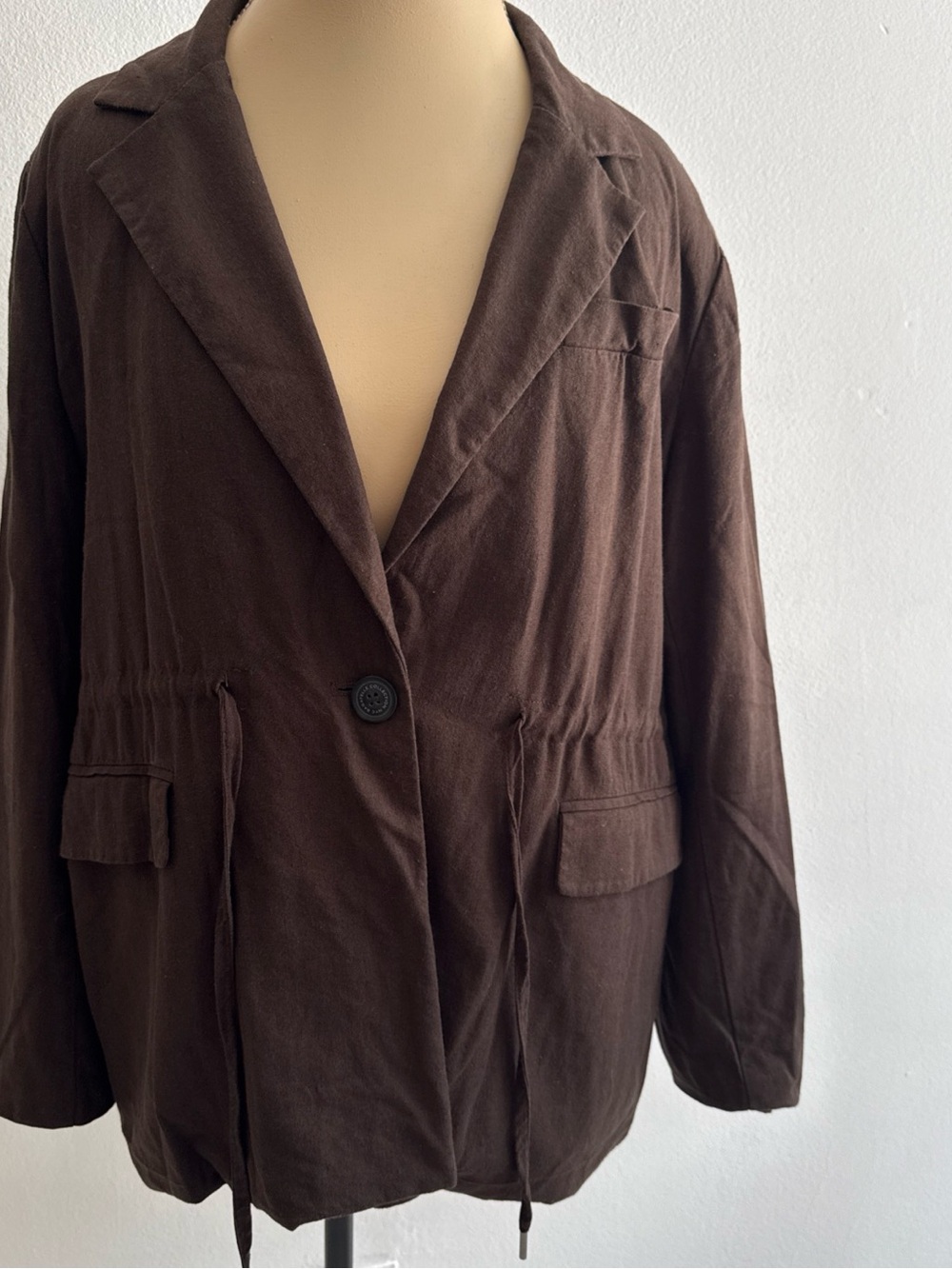 Brown Drawstring Single-Button Blazer Jacket